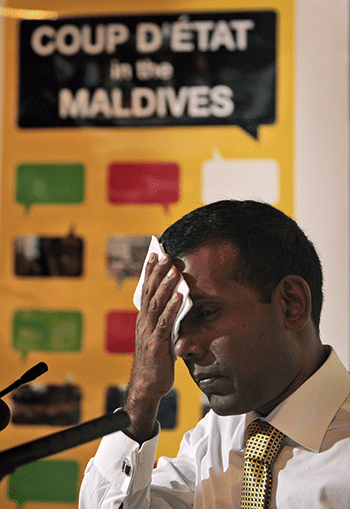 Nasheed speaks about the coup in New Delhi, April 2012. Photo: Mohamed Ali/AP/Press Association Images