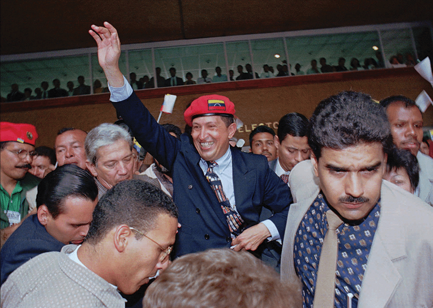 Hugo Chávez waves to the crowd after announcing his candidacy for the presidency of Venezuela in July 1997. Photo: Jose Caruci/AP/Press Association Images