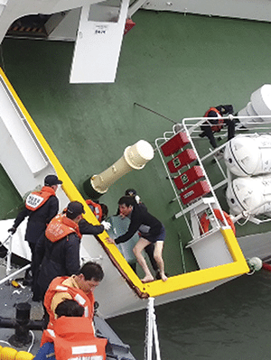 South Korean coast guard officers rescue MV Sewol's Captain Lee Joon-seok, wearing a sweater and underwear, from the sinking ferry. Photo: AP/Press Association Images