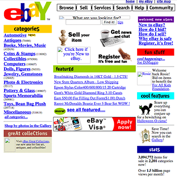 A screenshot of ebay.com taken in 1999