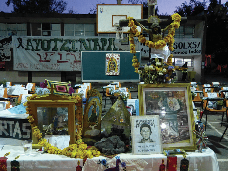 A shrine to the missing 43. Ayotzinapa, the college the students attended, has become a focus for anti=government sentiment. Photo: Témoris Grecko