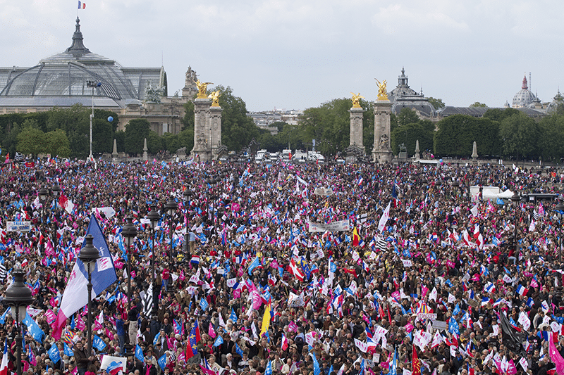 The French same-sex marriage bill sparked big protests against marriage equality. On 26th May 2013, police said 150,000 people marched against the law. Photo: Kalpana Kartik/Demotix/Press Association Images