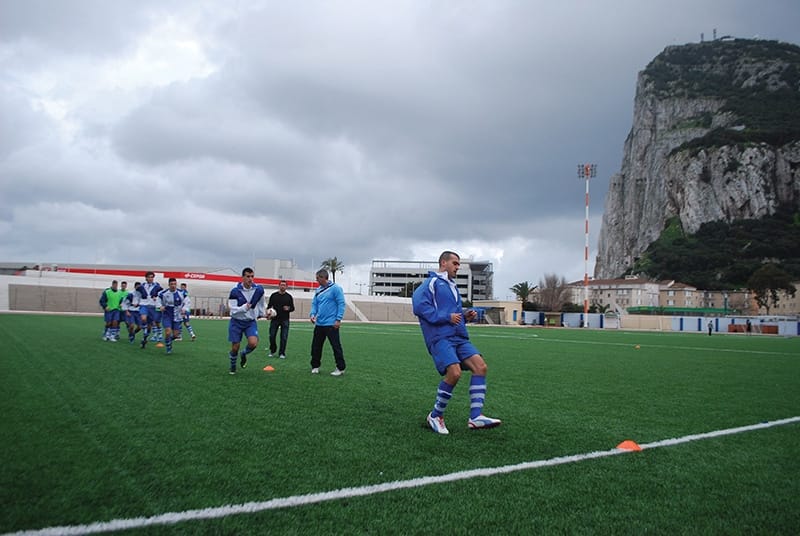 St Joseph training in the shadow of the Rock. According to FIFA the Victoria Stadium has been built on disputed land. Photo: James Montague