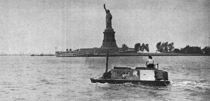 Ben Carlin's vehicle leaving New York Harbor in 1948