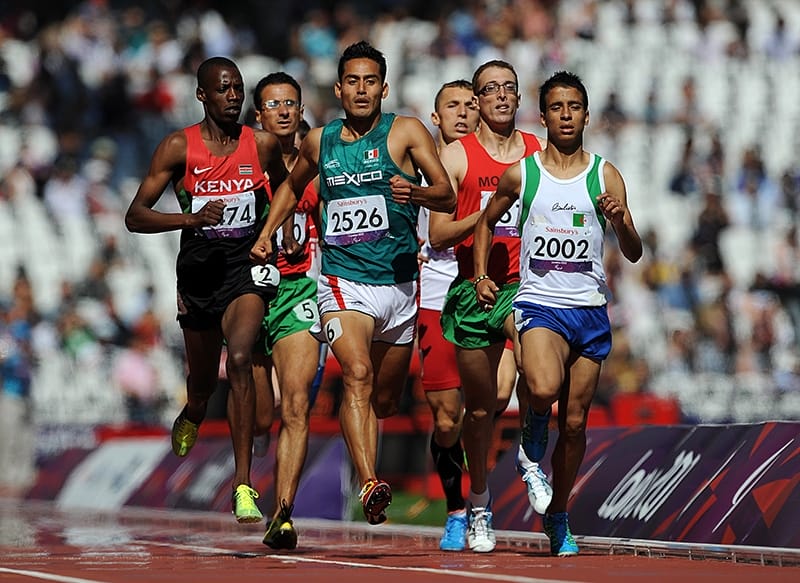 Abdellatif Baka (right) competing in the first round of the T13 men's 800m race, where he lost out to Kenya's David Korir (left). In the 1,500m T13 final, Baka won gold and set a better time than the winner of the Olympic 1,500m event. Photo:  EMPICS Sport/EMPICS Sport