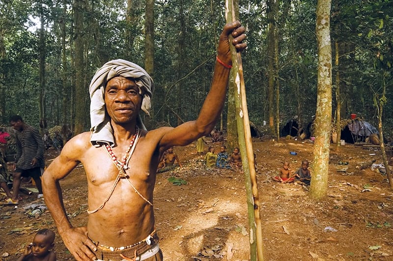 A Ba’aka hunter poses with his wooden spear 