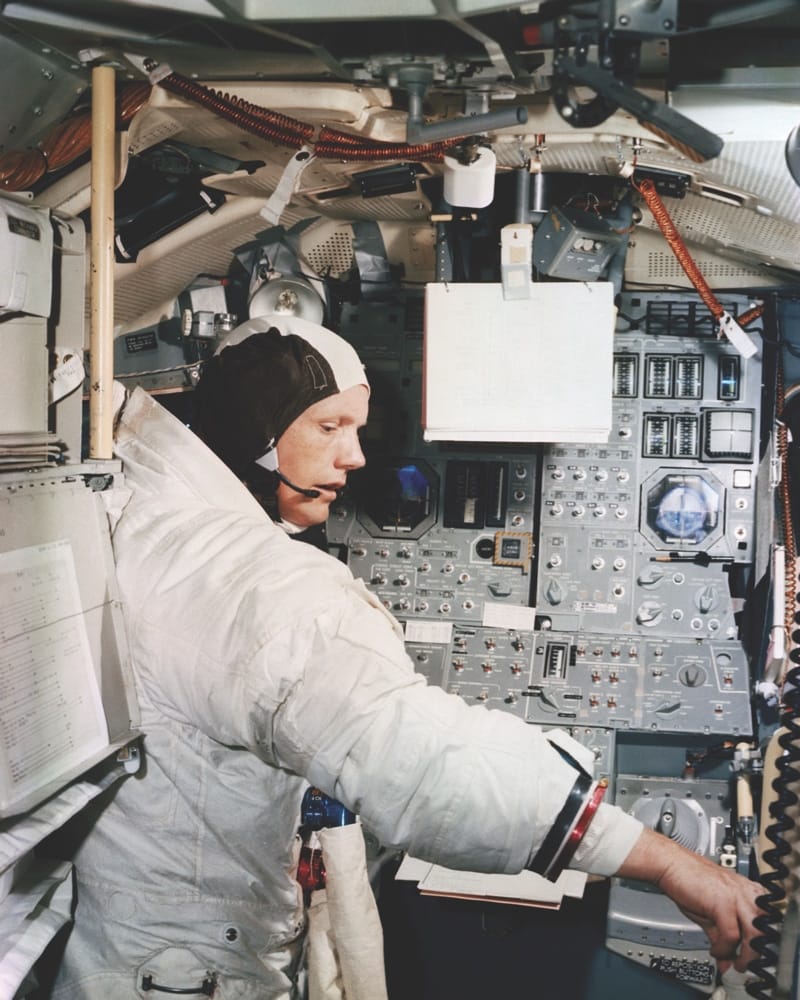 Apollo 11 commander Neil Armstrong training in the lunar module simulator, June 1969.  Photo: Nasa Photo