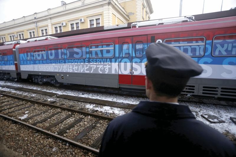 The train emblazoned with the words “Kosovo is Serbia” departs Belgrade, 14th January 2017. Following reports of a planned ambush by ethnic Albanians, the train was halted before it entered Kosovo. Photo: Darko Vojinovic / AP / PA Images