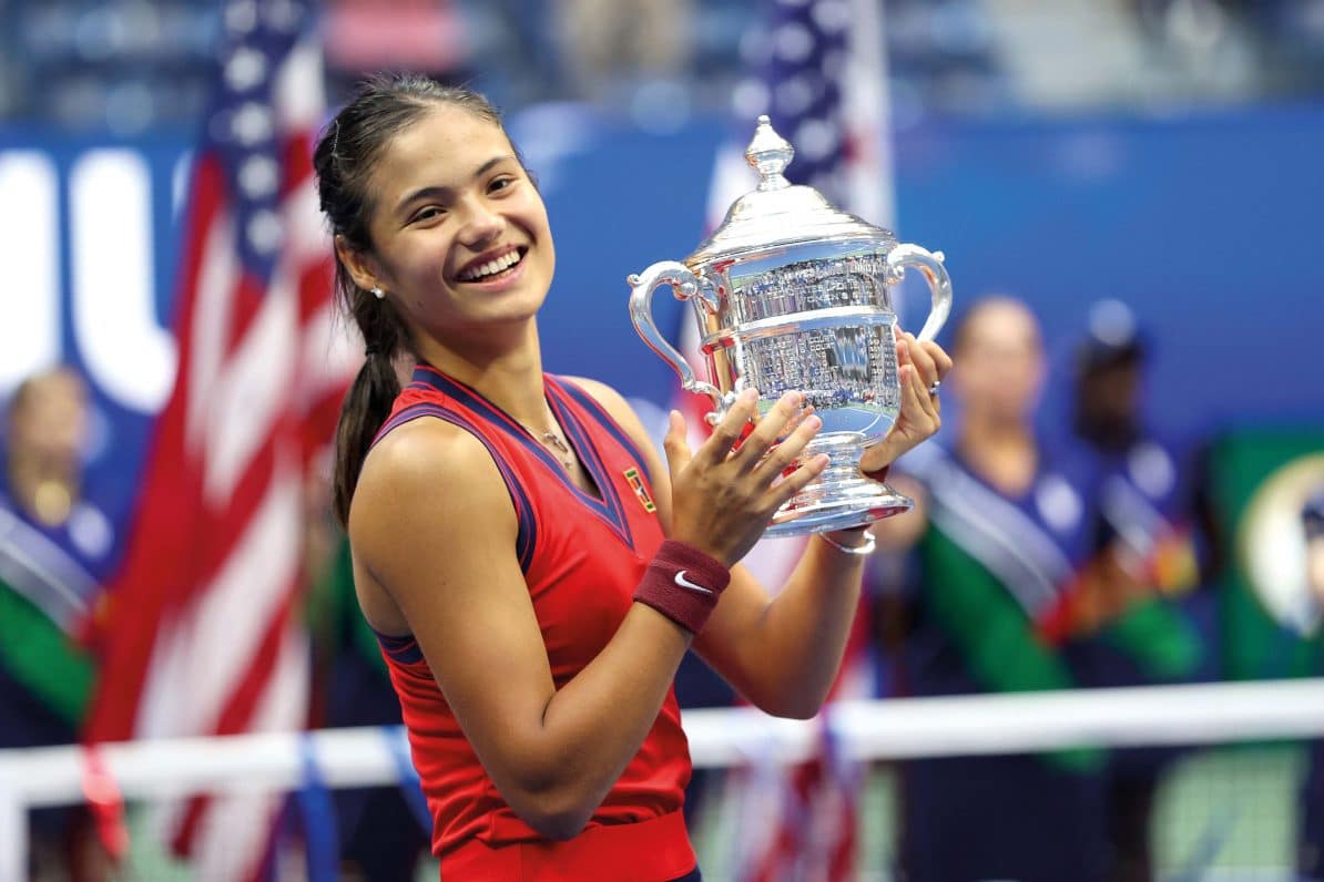 Emma Raducanu celebrates with the championship trophy after winning the US Open, 11th September 2021