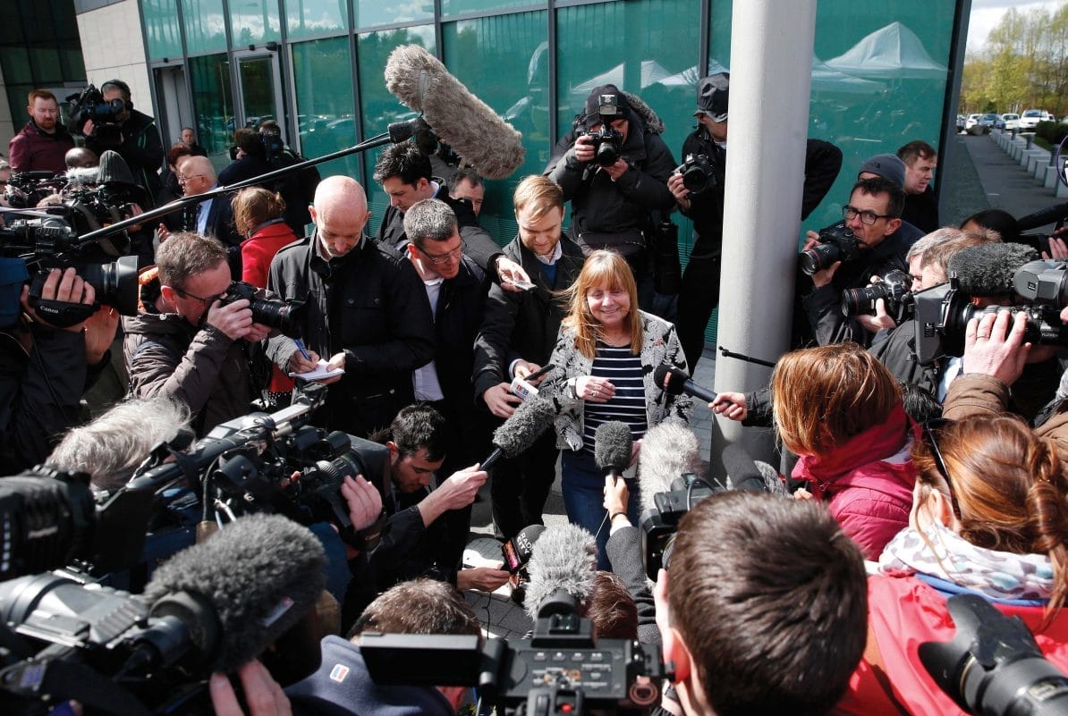 Margaret Aspinall, chair of the Hillsborough Families Support Group, speaks to the media outside the Hillsborough inquest in Warrington, UK