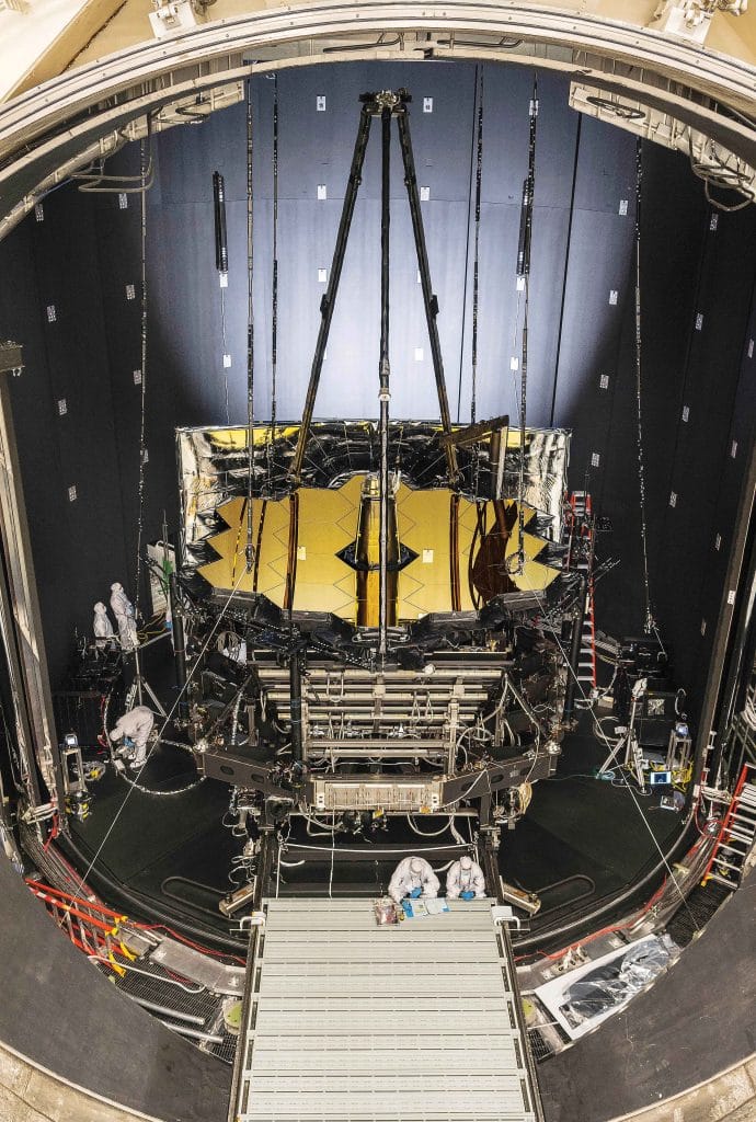 Webb is placed in Johnson Space Center’s historic Chamber A to prepare for final testing in a cryogenic vacuum that mimics temperatures in 