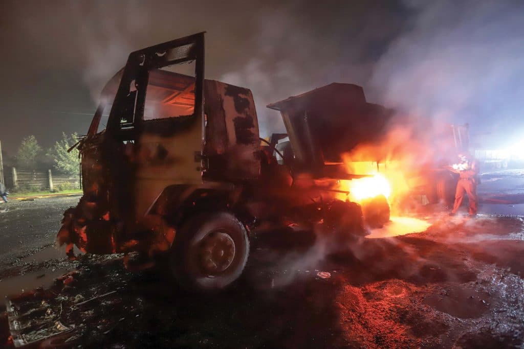 A truck set on fire by unknown attackers near Temuco, Araucanía region, Chile, on 6th August 2020