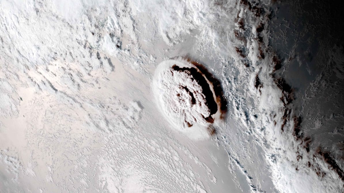 An image from Nasa’s GOES-17 satellite showing the eruption of the Hunga Tonga-Hunga Ha’apai volcano from above