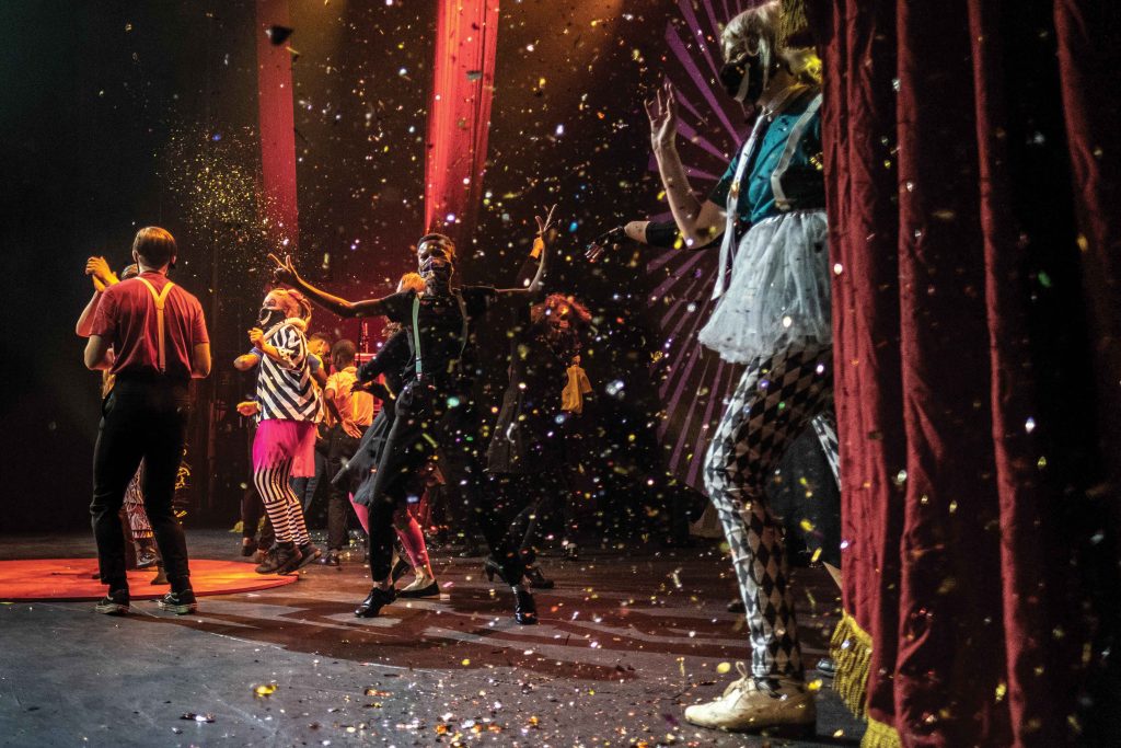 Confetti falls over performers at the end of a show at the Artscape Theatre in Cape Town, South Africa, 5th June 2021