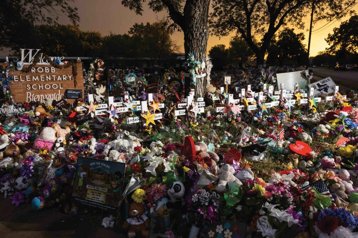The memorial for those that died at Robb Elementary School on 24th May 2022. The massacre was one of 30 US school shootings between January and September that resulted in injuries or deaths