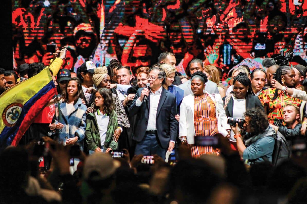 President-elect Gustavo Petro and vice president Francia Márquez address supporters in Bogotá, Colombia, shortly after their victory is announced, 19th June 2022