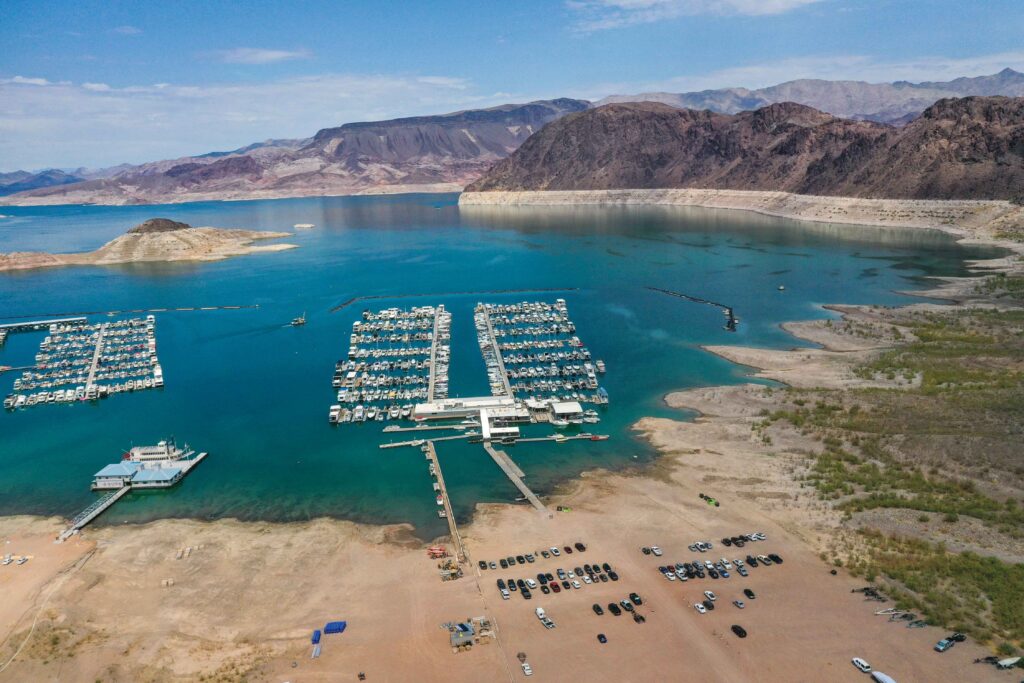 An aerial view of Hemenway Harbor, the only one of six harbours on Lake Mead still open to boats due to low water levels