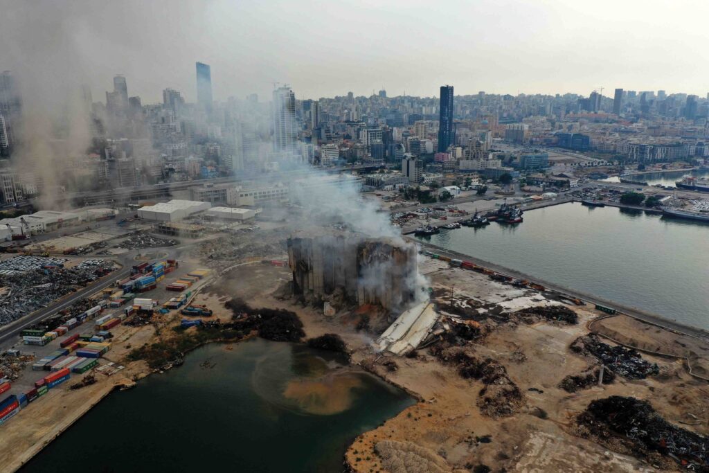 An aerial view of the grain silos at Beirut Port, which were damaged in the August 2020 blast at the site, and which collapsed on 31st July 2022 following a three-week fire. The silos had shielded parts of the city from the blast, which killed 218 people