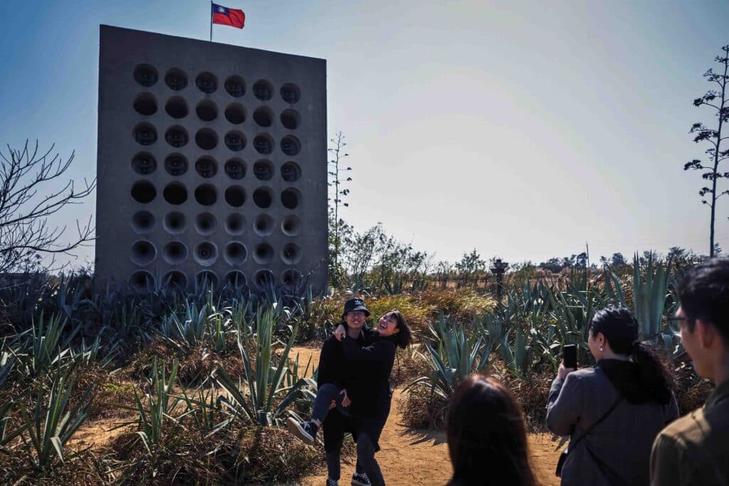  Tourists visit the Beishan Broadcast Wall, a structure built in 1967 for cross-strait propaganda warfare
