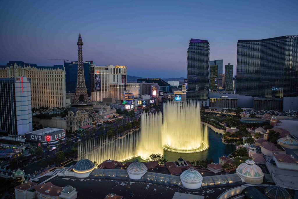  The Bellagio Water Fountain Show on Las Vegas Strip sees water shoot 140 metres into the air, propelled by 1,214 nozzles