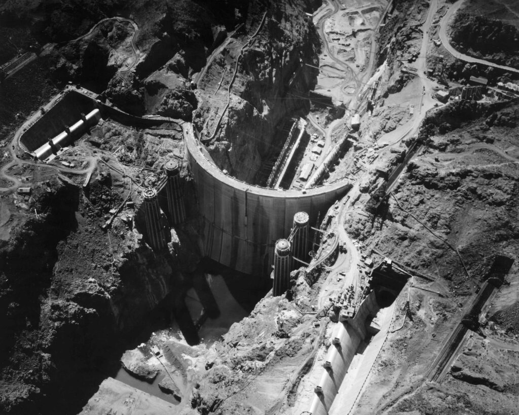 An aerial view of the construction of what was then known as the Boulder Dam, 1935. It was renamed after Herbert Hoover in 1947, shortly before its completion