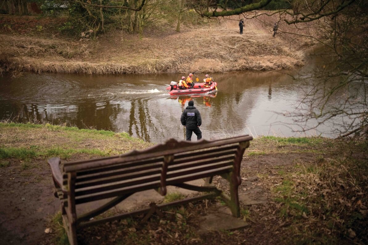 Underwater search expert Peter Faulding travels in a RIB before using a sonar device to scan the bed of the River Wyre on 6th February 2023, as the search for missing Nicola Bulley continues